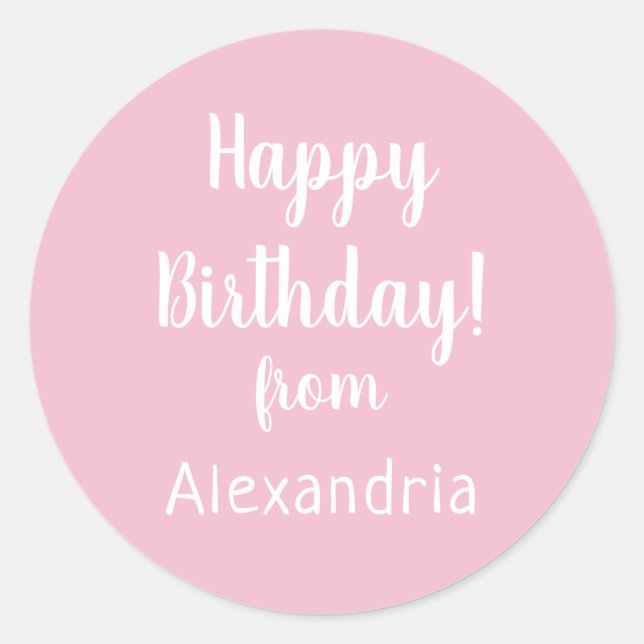 Happy Birthday from Name Pastel Pink Birthday Classic Round Sticker (Front)