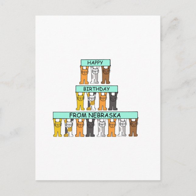 Happy Birthday from Nebraska Cartoon Cats Postcard (Front)