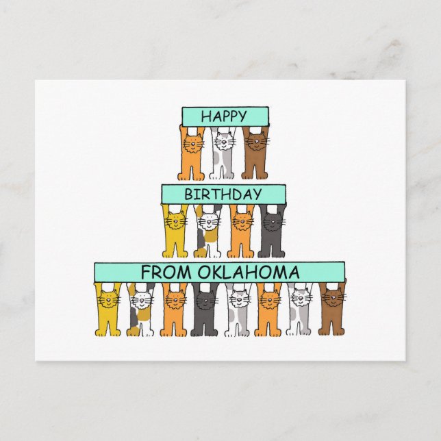 Happy Birthday from Oklahoma Cartoon Cats Postcard (Front)