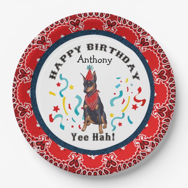 Happy Birthday from Your Doberman  Dog Red Bandana Paper Plate (Front)