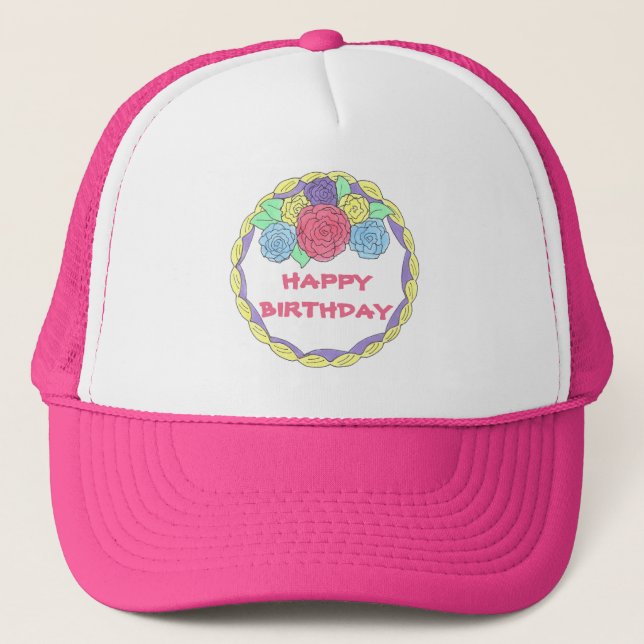 Happy Birthday Frosted Cake Pastel Icing Roses  Trucker Hat (Front)