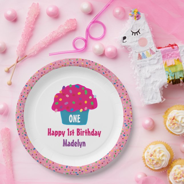Happy Birthday Frosted Cupcake Rainbow Sprinkles Paper Plate (Party)