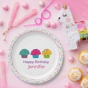 Happy Birthday Frosted Cupcake Rainbow Sprinkles Paper Plate