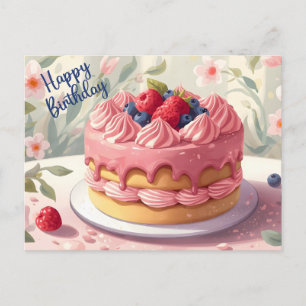 Happy Birthday Fruit Cake and Flowers  Postcard