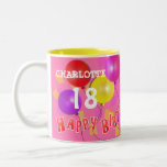 Happy Birthday Fun 18th  Milestone Personalised Tw Two-Tone Coffee Mug<br><div class="desc">A fun novelty mug for a birthday celebration with colourful party balloons and streamers and Happy Birthday in red text. Shown here for a mile stone birthday 18th birthday and funny text "Congratulations You're A Big Girl Now!" but these can be changed to suit any age for adults or kids...</div>
