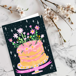 Happy Birthday Fun Cake with Pink Flowers Gouache  Card