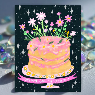 Happy Birthday Fun Cake with Pink Flowers Gouache  Postcard