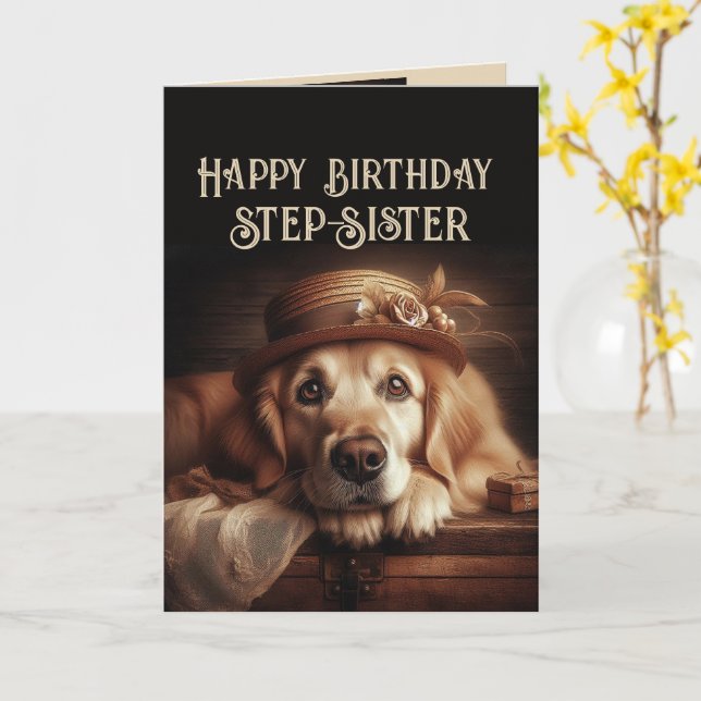 Happy Birthday Fun Dog Step-Sister Card (Yellow Flower)
