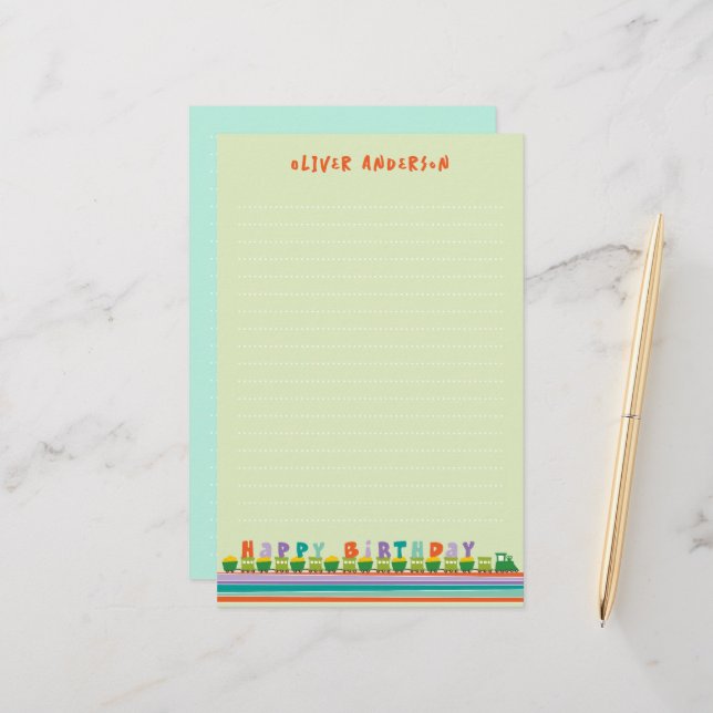 Happy Birthday Fun Green Train Kids Thank You Note Stationery (Front/Back In Situ)