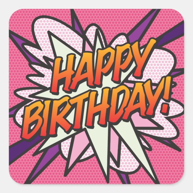 HAPPY BIRTHDAY Fun Pink Modern Square Sticker (Front)