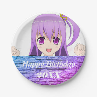 Happy Birthday fun pink purple anime  Paper Plate