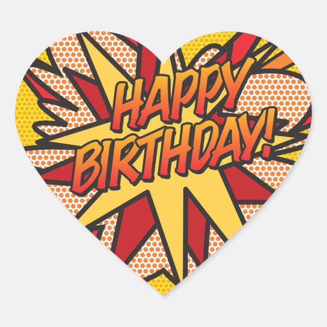 HAPPY BIRTHDAY Fun Retro Comic Book Heart Sticker (Front)