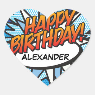 HAPPY BIRTHDAY Fun Retro Comic Book Heart Sticker