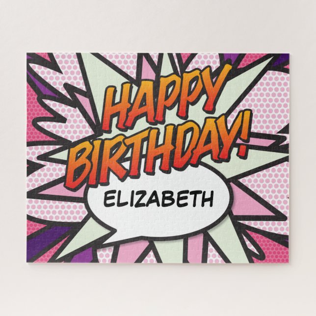 HAPPY BIRTHDAY Fun Retro Comic Book Pink Jigsaw Puzzle (Horizontal)