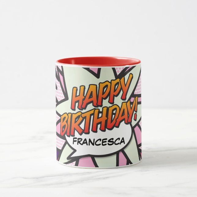 HAPPY BIRTHDAY Fun Retro Comic Book Pink Mug (Center)