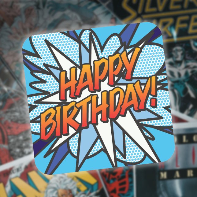 HAPPY BIRTHDAY Fun Retro Comic Book Square Sticker (HAPPY BIRTHDAY Fun Retro Comic Book Square Sticker)