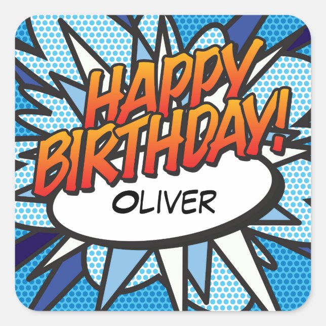 HAPPY BIRTHDAY Fun Retro Comic Book Square Sticker (Front)