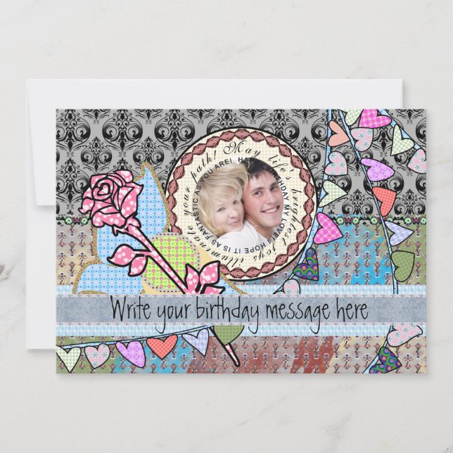 Happy birthday fun rose and hearts template card (Front)