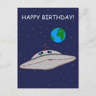 Happy Birthday Funny Alien Spaceship Adventure   Holiday Postcard