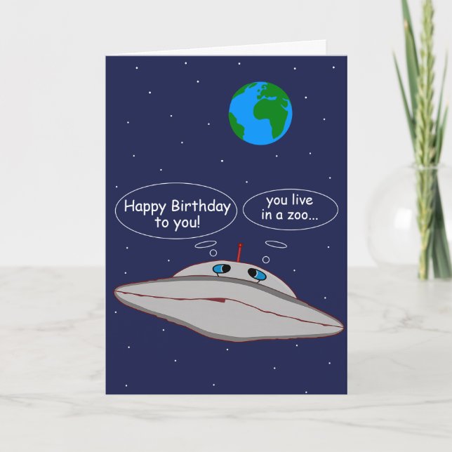 Happy Birthday Funny Alien Spaceship Occasion Gift Card (Front)