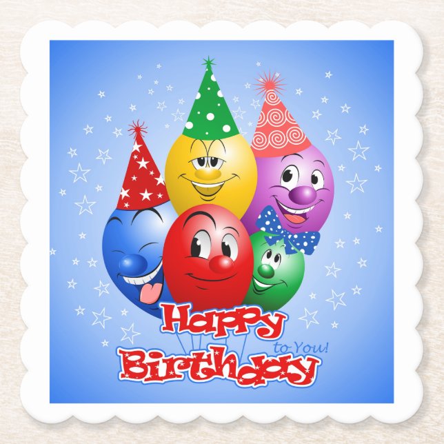 Happy Birthday, Funny Balloons, Paper Coaster (Front)
