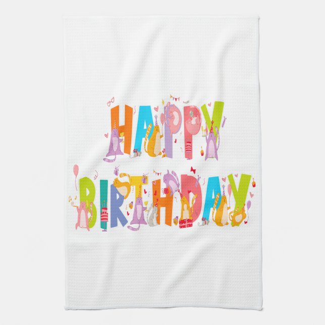 Happy Birthday Funny Cat Lover Bday Celebration Tea Towel (Vertical)
