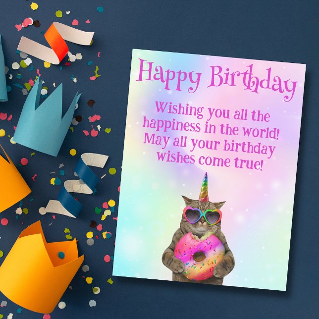 happy birthday funny cat with doughnut pink script postcard (Creator Uploaded)