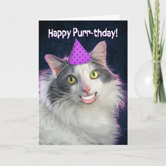 Happy Birthday Funny Cat With Human Smie Holiday Card (Front)