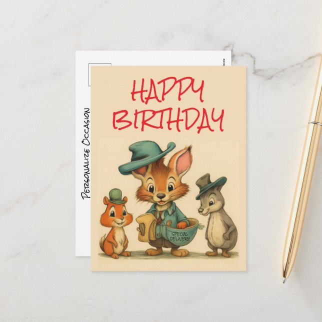 Happy Birthday Funny Cute Cartoon Animal Couriers  Holiday Postcard (Front/Back In Situ)