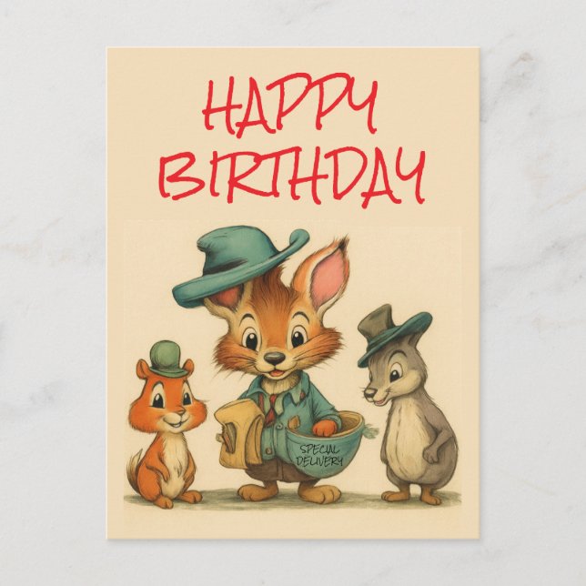 Happy Birthday Funny Cute Cartoon Animal Couriers  Holiday Postcard (Front)
