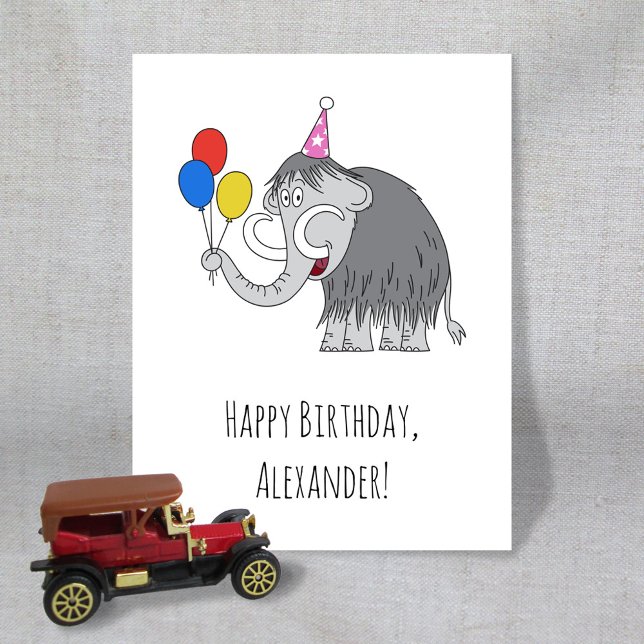 Happy Birthday Funny Cute Mammoth Hat Balloons Postcard (Creator Uploaded)