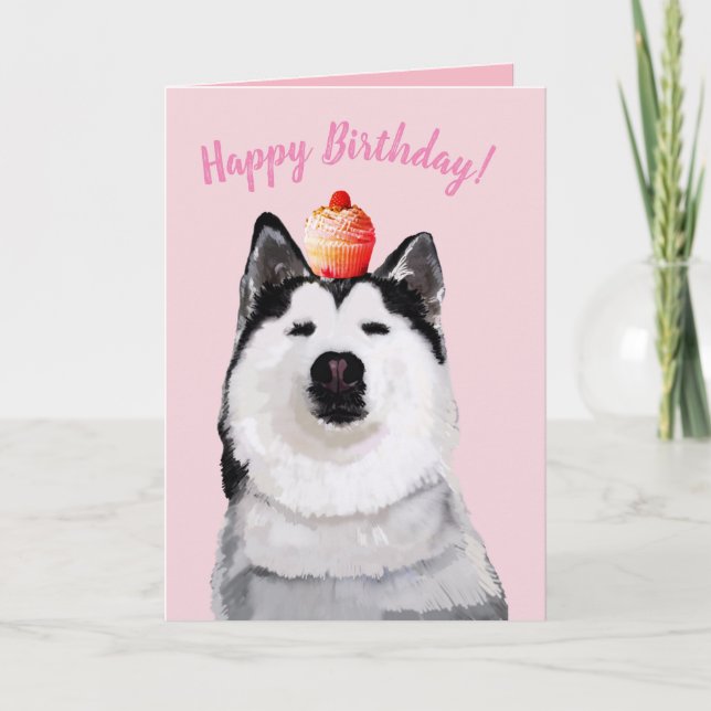 Happy Birthday Funny Post Card, Husky, Cake Card (Front)