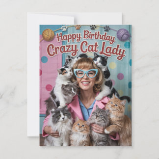 Happy Birthday funny retro Crazy Cat Lady Postcard