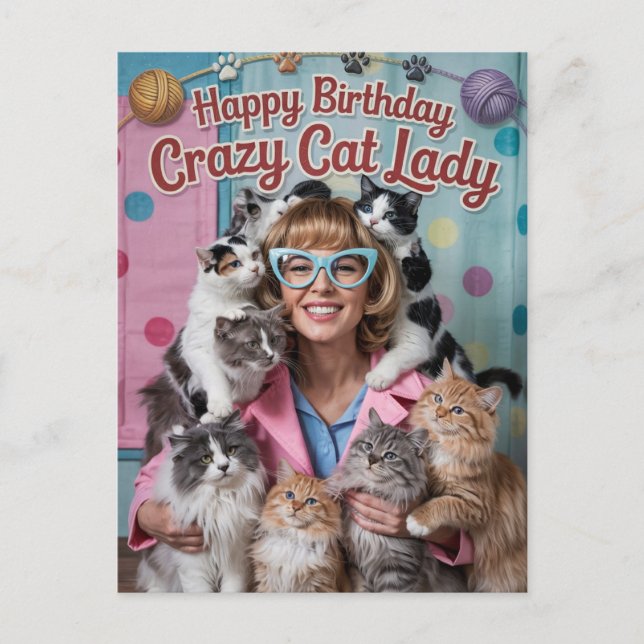 Happy Birthday funny retro Crazy Cat Lady Postcard (Front)