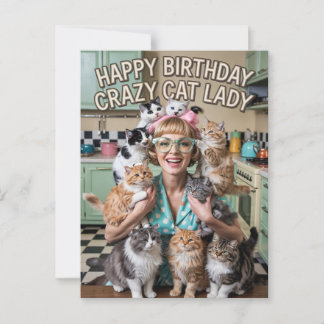 Happy Birthday funny retro Crazy Cat Lady Postcard
