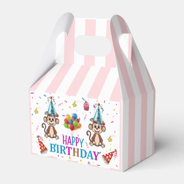 Happy Birthday Gable Favor Box Pink Stripe Monkeys (Front Side)