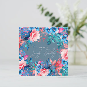 Happy Birthday Garden Floral Blush Dusty Blue Card