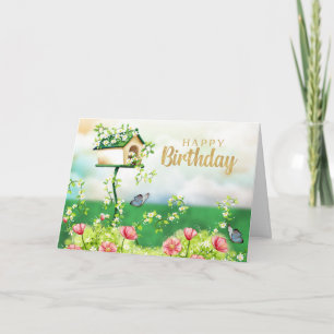 Happy Birthday Garden Flowers and Birdhouse Card