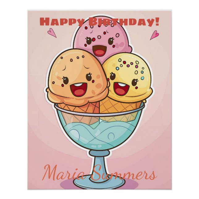 Happy Birthday Gelato Ice-cream Kawaii Cartoon 2 Poster (Front)