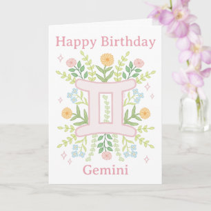 Happy Birthday Gemini Floral Illustration Card