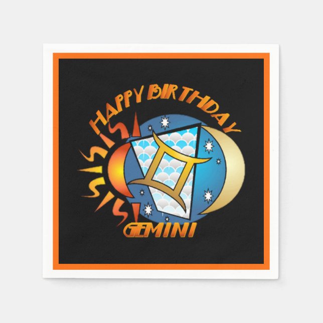 Happy Birthday Gemini Zodiac Birth Sign Napkins (Front)