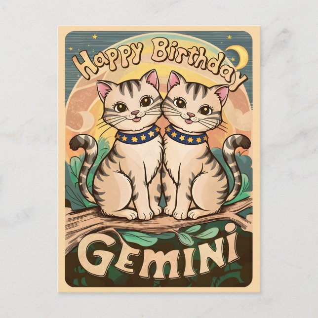Happy Birthday Gemini Zodiac Sign Cats Postcard (Front)