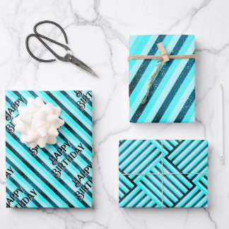 Happy Birthday Geometric Cyan Wrapping Paper