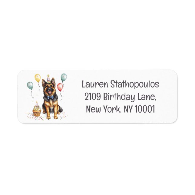 Happy Birthday German Shepherd Dog Return Address Label (Front)