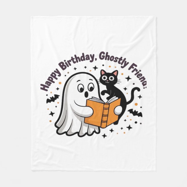 Happy Birthday Ghost Cat PNG - Spooky Cute Classic Fleece Blanket (Front)