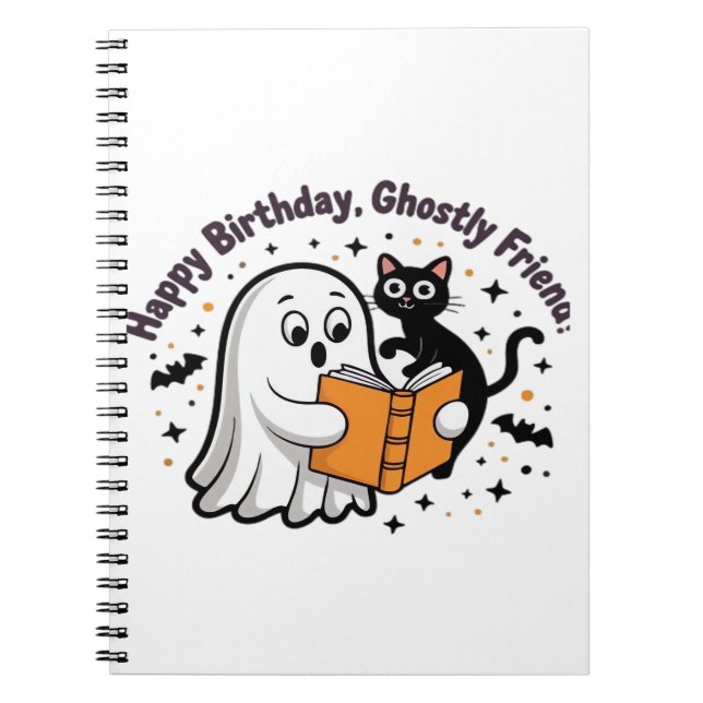 Happy Birthday Ghost Cat PNG - Spooky Cute Classic Notebook (Front)