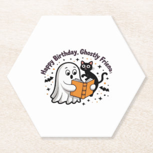 Happy Birthday Ghost Cat PNG - Spooky Cute Classic Paper Coaster