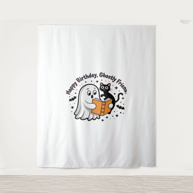 Happy Birthday Ghost Cat PNG - Spooky Cute Classic Tapestry (Front)
