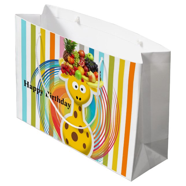 Happy Birthday Gift Bag Giraffe Fruit Stripe (Back Angled)