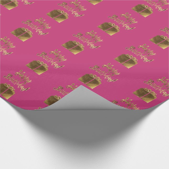 Happy Birthday Gift Pattern Pink Gold Typography Wrapping Paper (Corner)